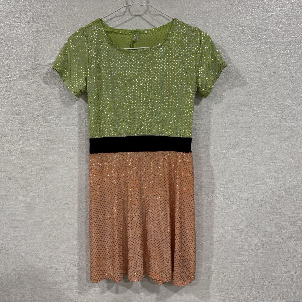 Ruby's JoJo Lime Green & Peach Sequin Colorblock Fit & Flare Knee Length Large